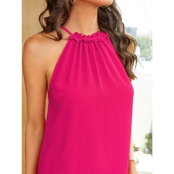 Frill Trim Keyhole Back Halter Neck Tunic Dress mini black đ - Picture 6 of 11